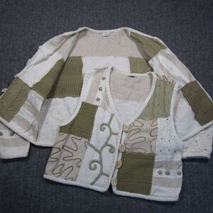 Women Silk Blend Cardigan & Tank Top XL Ivory Beige Crochet Button Up 3D Sweater